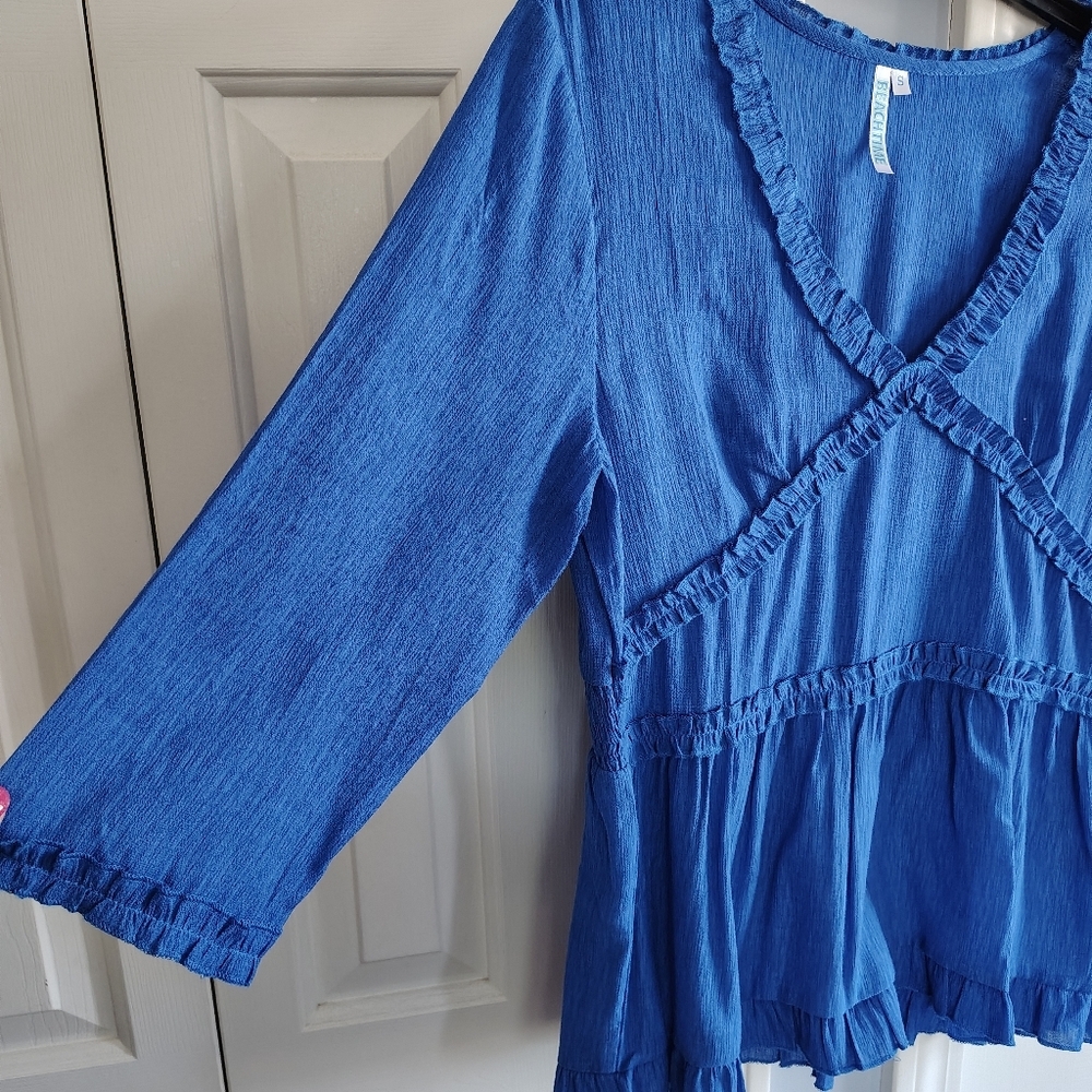 BEACHTIME Women's Blue Ruffle Top Swim Coverup S - Picture 2 of 8